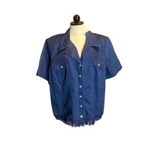 Stonebridge Dark Blue Denim Short Sleeve Lace Trim Button Up Top NWT Plus Sz 20W